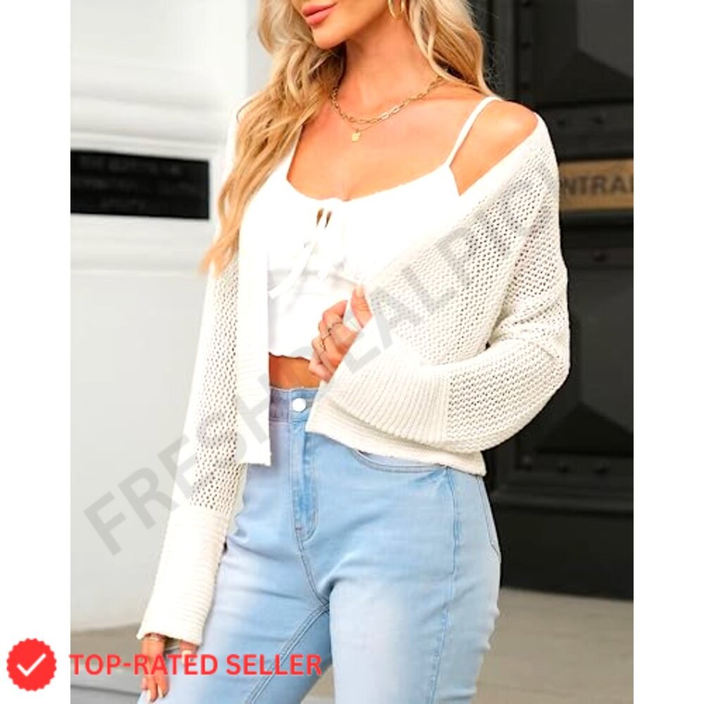 Cropped Cardigan Sweater Lightweight Open Front Knit Boho Chic Summer Outerwear - Picture 5 of 7